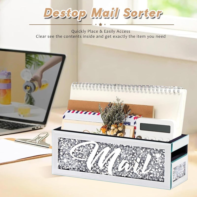 WALTSOM Crushed Diamond Mail Organizer, Crystal Mail Organizer Countertop, Mirror Letter Holder, Mail Tray, Mail Holder Box for Desk, Mail Holder for Wall - Image 4